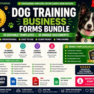 May include: A digital bundle of 19 editable dog training business forms featuring a black and white dog with a green collar. The graphic includes text such as DOG TRAINING BUSINESS FORMS BUNDLE, 19 EDITABLE TEMPLATES, and lists various documents like Training Agreement and Vaccination Record in Word, PDF, and Google Docs formats.