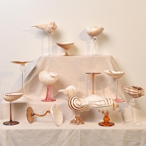 Peut inclure: Une collection de verrerie décorative en forme de coquillages, comprenant des gobelets et des bols, exposée sur une surface aux tons neutres. La verrerie présente diverses couleurs et motifs, avec des tiges transparentes et colorées.