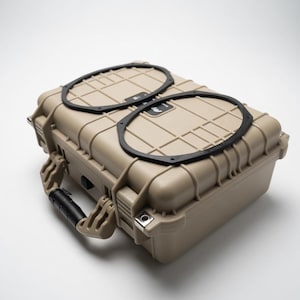 May include: A tan, rectangular, hard-shell protective case featuring two oval black speaker grilles mounted on the top surface. The case includes a sturdy, hinged handle with a black grip and metal reinforced corners for added durability.