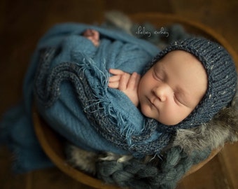 Navy Blue Newborn Tweed Fall Bonnet, thick straps