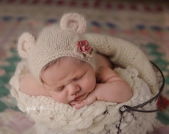 KNITTING PATTERN ONLY! Baby Bear Angora Bonnet- Newborn Size