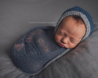 Newborn Baby Bonnet- Gray and Blue - Photo PROP