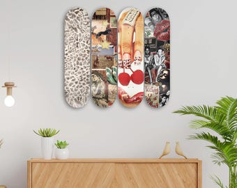 Decoración de pared de patineta Pop Art: Juego de 4 tablas modernas de madera de arce