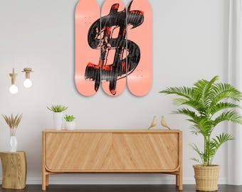 Oeuvre d'art murale pour pont de skateboard, symbole du dollar, jeu de 3 planches pour pont en bois d'érable