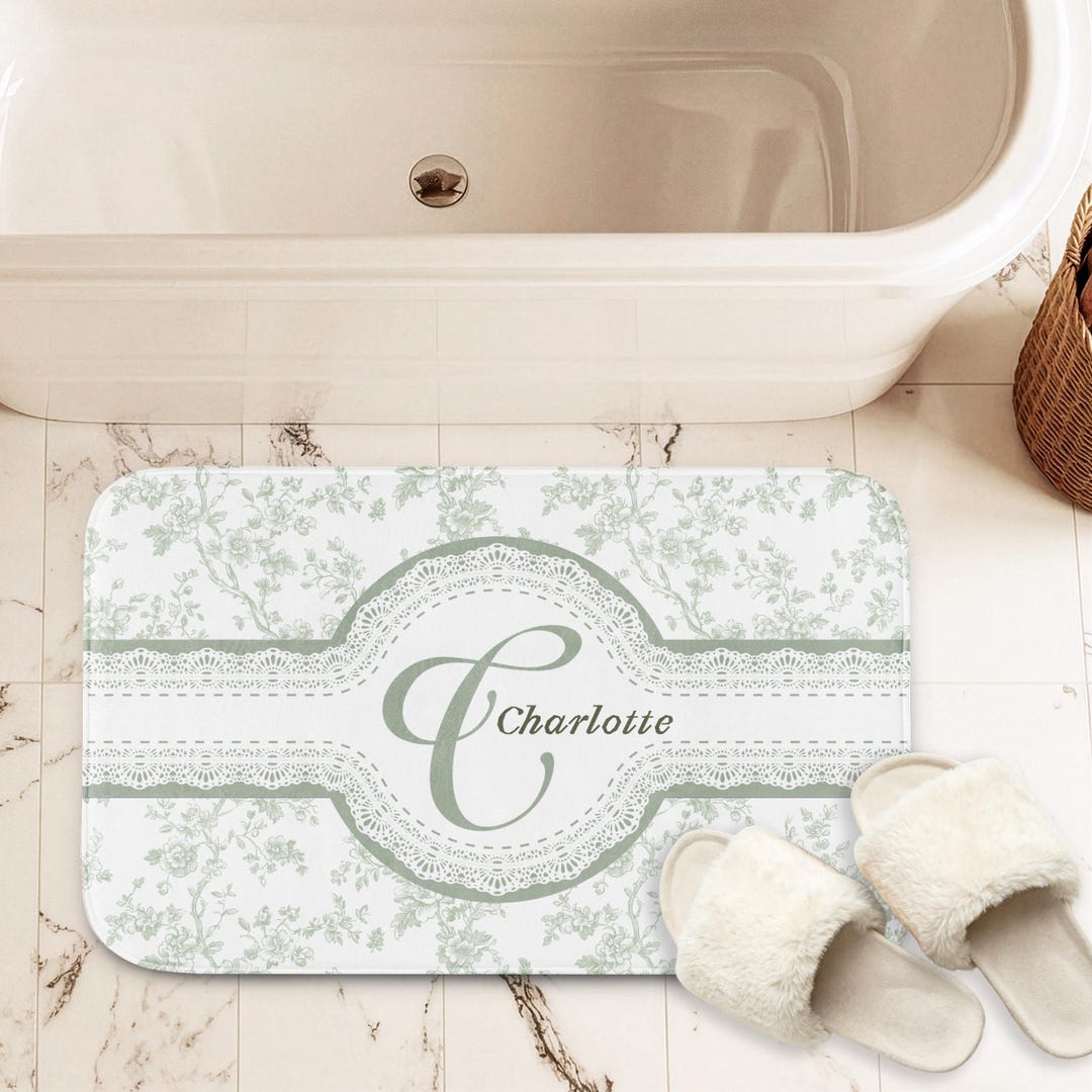 Personalized French Sage Toile Bath Mat, Custom Monogram Memory Foam ...