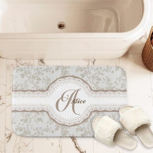 Personalized Toile Bath Mat- Antique Beige, Memory Foam Rug, French Country Bathroom Decor
