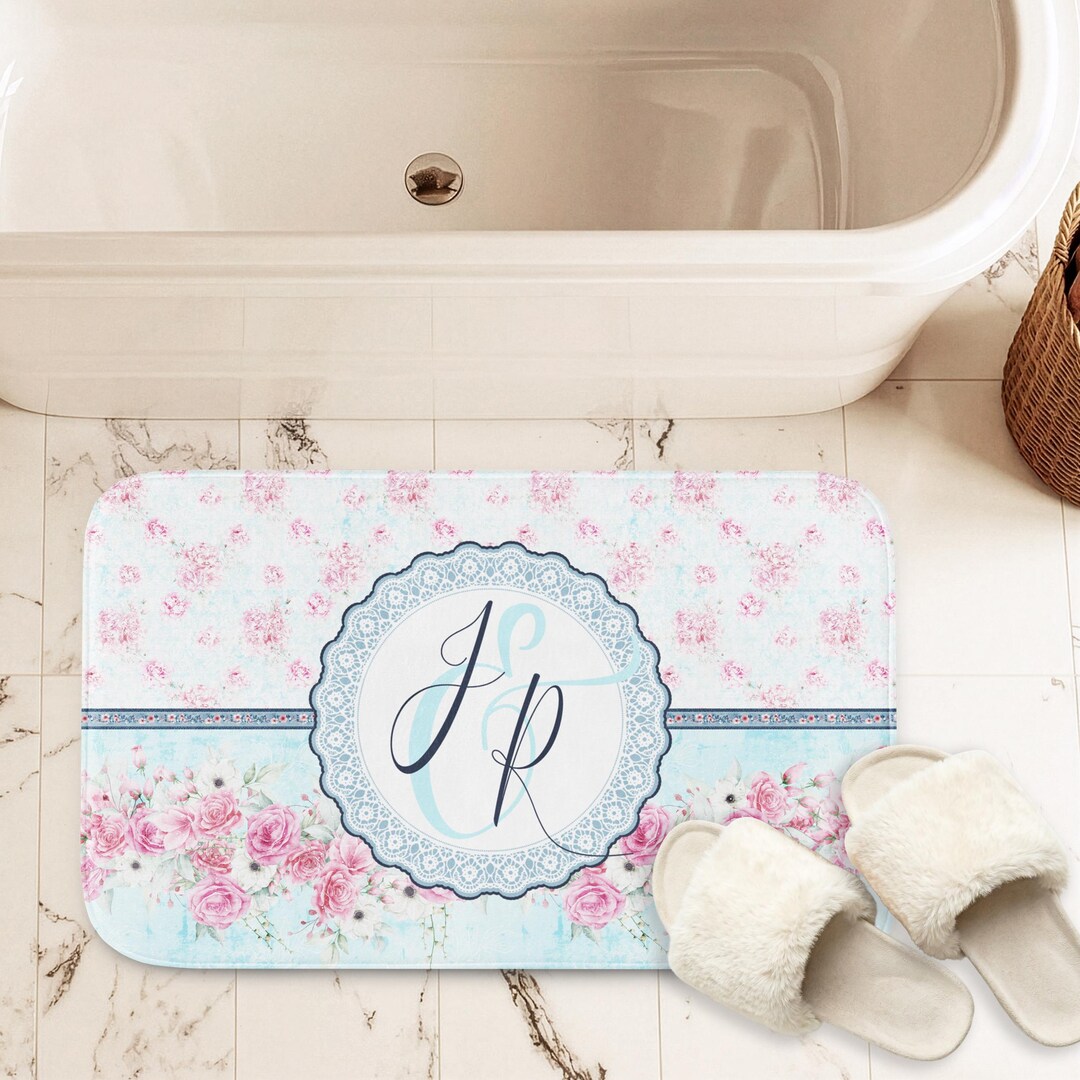 Custom Monogram Bath Mat, Personalized Rose Garden Bathroom Rug, Shabby ...