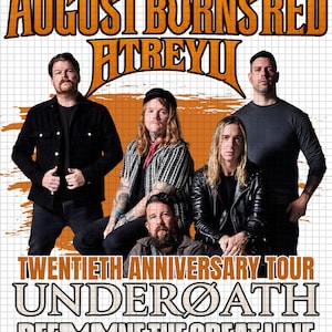 May include: A concert poster featuring the bands August Burns Red, Atreyu, and Underoath for their Twentieth Anniversary Tour of Define the Great Line. The image displays four band members in a group portrait against a white grid background.