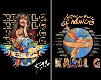 May include: Digital download featuring Karol G. The design includes a globe with a parrot, the words "TROPITOUR" and "KAROL G". The background is black with the text "DIGITAL DOWNLOAD" and "TRANSPARENT BACKGROUND".