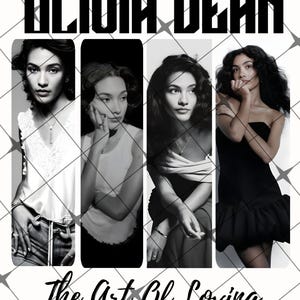 Può includere: Un collage in bianco e nero con quattro immagini di una donna. Il testo "OLIVIA DEAN" è in alto e "The Art Of Loving" in basso. Le immagini sono su uno sfondo a griglia bianca e grigia.