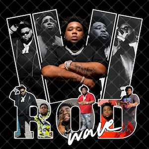 May include: A collage featuring multiple images of a person, with the text "ROD WAVE" in a stylized font. The images are set against a black background with a diamond grid pattern. The person is wearing jewelry and various outfits.