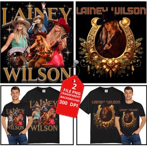 Può includere: T-shirt neri con l'artista country Lainey Wilson. Una maglietta ha un collage fotografico, l'altra un ritratto in una cornice a ferro di cavallo dorata. L'immagine include il testo "LAINEY WILSON" e un'etichetta rossa con "FILE PNG TRANSPARENT BACKGROUND 300 DPI."