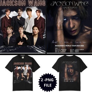 Könnte beinhalten: Schwarze T-Shirts mit Jackson Wang. Eines zeigt ein Gruppenfoto, das andere ein Nahaufnahmebild mit Tourdaten. Das Bild enthält auch zwei Poster mit dem Namen Jackson Wang und Tourinformationen.