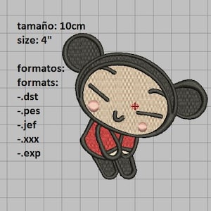 May include: An embroidered design of a cartoon character in a red outfit with black hair and ears. The design is 4 inches in size and includes the text "tamaño: 10cm size: 4" and "formatos: formats:" followed by file format extensions.
