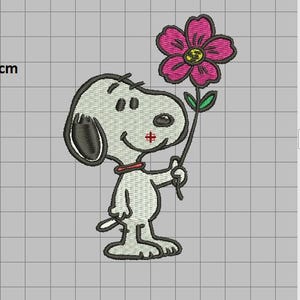 May include: An embroidered design of a cartoon dog holding a pink flower. The design is approximately 4 inches in size. Text in the image includes "size: 4" and a list of embroidery formats.