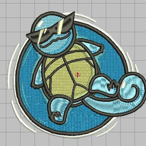 May include: Embroidered patch featuring a cartoon turtle wearing sunglasses, set within a blue circle. The design includes the text "size: 4" and "formats:" with file type extensions. The turtle is approximately 4 inches in diameter.