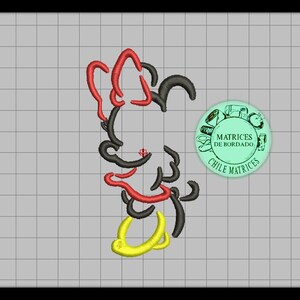 May include: An embroidery design featuring a cartoon character's face, with red, black, and yellow thread. The design includes a bow, ears, and a collar. A circular logo with text is in the background.