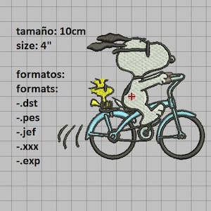 May include: An embroidered design featuring Snoopy riding a blue bicycle with Woodstock. The design includes the text "tamaño: 10cm size: 4" and lists embroidery formats. The image is on a gray grid background.