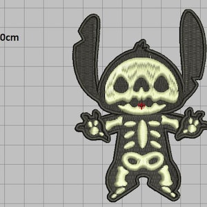 May include: Embroidered patch featuring a cartoon character in a skeleton costume. The patch is black with a cream-colored skeleton design. The text "size: 4" and "formats" are also included.
