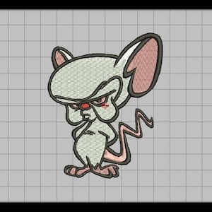 May include: An embroidered design of a cartoon mouse with a large head, pink ears, and a red nose. The mouse has a stern expression and is standing with its arms crossed. The design is outlined in black and set against a grid background.