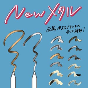 Könnte beinhalten: Eine digitale Illustration mit zwei weißen Eingabestiften, die goldene und silberne Wellenlinien zeichnen. Der Text lautet New Metal und enthält japanische Schriftzeichen. Zwölf metallische Pinselstriche sind auf blauem Grund zu sehen.