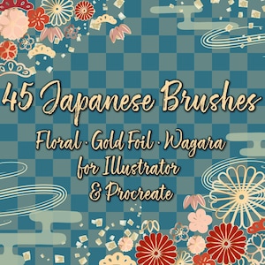 以下が含まれることがあります： 45 Japanese Brushes Floral Gold Foil Wagara for Illustrator & Procreateというテキストが書かれたデジタル画像。背景は青緑色のチェック柄で、赤や淡いピンクの花のモチーフと金箔のようなアクセントが散りばめられています。
