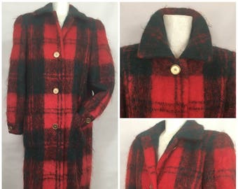 70's Vintage RED Plaid Coat / Long Mohair Winter Coat / Tartan Soft Longhair Full Lining size 6 / Medium