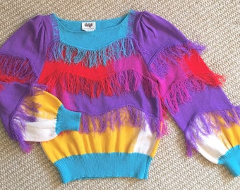 Sweter w stylu vintage z lat 80. w paski, bloki kolorów, frędzle, bufiaste rękawy, tęczowy, boho, festiwal, rozmiar M / L