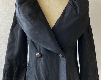 Vintage 80s 90s Betsey Johnson Glamorous Black Opera Coat Evening Jacket Shawl Collar Rhinestone Buttons Knee Length Lightweight