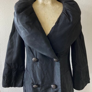 Vintage 80s 90s Betsey Johnson Glamorous Black Opera Coat Evening Jacket Shawl Collar Rhinestone Buttons Knee Length Lightweight