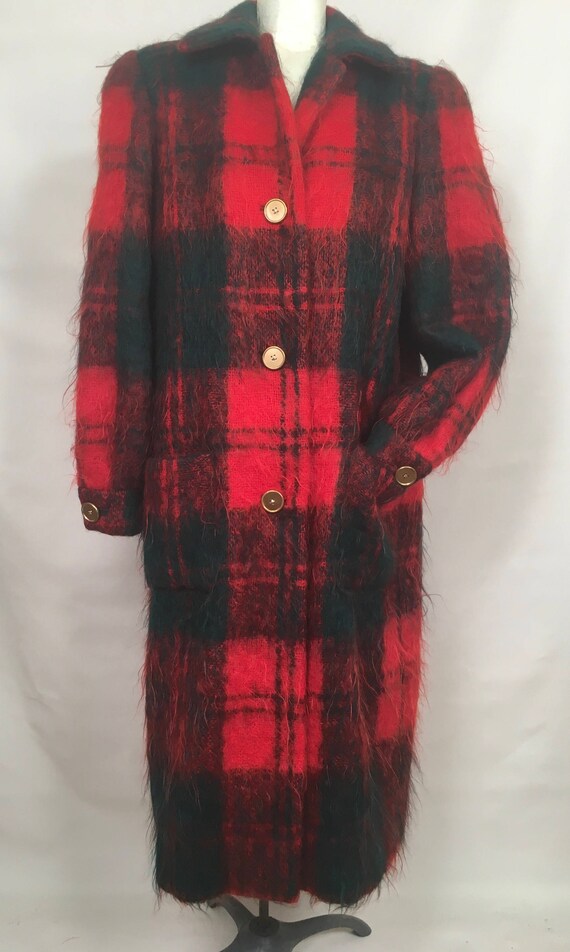 70's Vintage RED Plaid Coat / Long 