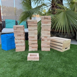 Giant Yard Tumble Game Timber 54 Wood Blocks Play up 6ft add Stand Crate, Storage Tote Wedding Lawn Backyard games kids Approx 7.5x2.5x1.5in