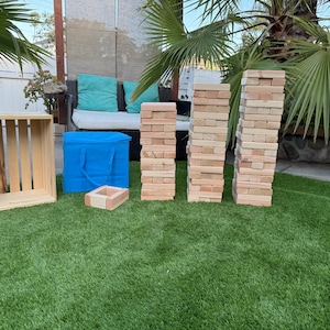Giant Yard Tumble Game Timber 45 Wood Blocks Play up 5ft add Stand Crate, Storage Tote Wedding Lawn Backyard games kids Approx 7.5x2.5x1.5in