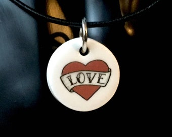 Love Pendant Heart Tattoo Handmade Ceramic and Vegan Leather, Biker Retro Gift for Teens, Unisex Gift for Girl Boy