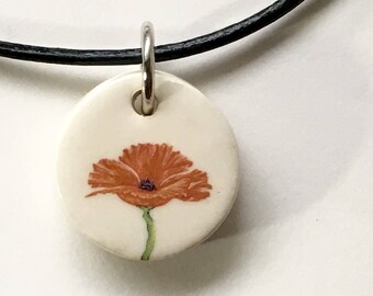 Poppy Necklace with Original Art, Stocking Stuffer, Ceramic Flower Pendant on Vegan Leather, Gift for Her Teen Girl, Gift Exchange Under 20