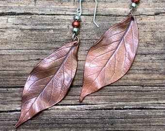 Large Dangle French Hook Sterling Silver Copper Leaf Earrings, Natural Leaf Jewelry with Handmade Sterling Silver Earwires, Ecogift for Her