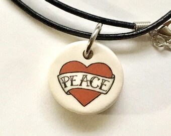 Heart Peace Classic Tattoo Vegan Leather Necklace, Last Minute Gift for Teen Girl, Affordable Handmade Stocking Stuffer, Valentine's Day