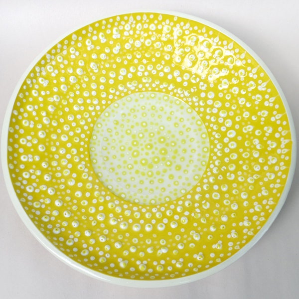 Plate Full of Sunshine, Decorative Dotted Plate, Glossy Bright Yellow and White with Textured White and Yellow Dots, Sunny Side Up, Sort-of