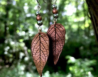 Leaf Earrings, Copper Natural Leaf Jewelry Handmade Sterling Silver Earwires, French Hook Dangle Earrings, Ecofriendly Nature Lover Mom Gift