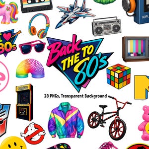 May include: A collection of 28 digital stickers featuring 1980s icons including a rainbow unicorn, cassette tape, fighter jet, boombox, headphones, sunglasses, slinky, Rubik's cube, arcade cabinet, windbreaker, BMX bike, skateboard, and roller skate.
