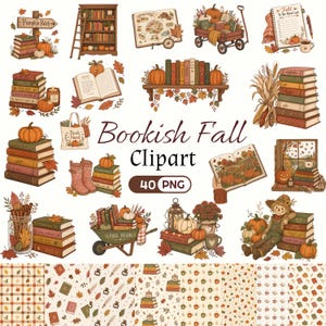Bookish Fall Clipart Bundle, Fall Bookish Stickers, Cute Book Lover Png, Fall Seamless Patterns, Cozy Autumn Reading Illustrations (40 PNG)