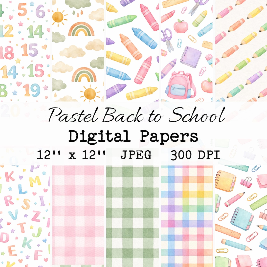 Pastel Back to School Digital Paper Pack, Watercolor Seamless Patterns ...