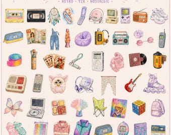 May include: A collection of 50 watercolour illustrations featuring retro Y2K items including a cassette tape, VHS, dreamcatcher, flip phone, computer, handheld game console, radio, trainers, pencil case, overalls, lava lamp, beanbag, and boombox.