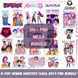 Pode incluir: Uma coleção de gráficos PNG digitais com personagens de K-Pop e estilo anime. As imagens incluem vários grupos e personagens individuais, com sobreposições de texto como "Saja Boys" e "Huntrix". O pacote é rotulado como "130+ PNG MEGA BUNDLE".