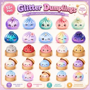 Glitter Dumpling Clipart PNG Bundle | Kawaii Food Graphics, Kawai Dumpling Clipart, Whimsical Asian Food Graphics (Digital Download)