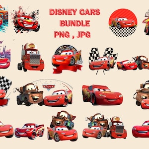 May include: A collection of Disney Cars graphics featuring Lightning McQueen and other characters. The images include various designs, such as racing scenes, character portraits, and the text "Disney Cars Bundle PNG, JPG."