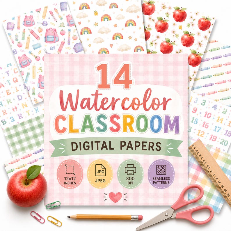Pastel Back to School Digital Paper Pack, Watercolor Seamless Patterns ...