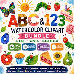Pacchetto di clipart PNG del Bruco Maisazio / Clipart ad acquerello trasparenti / Decorazioni per feste a tema alfabeto e numeri di Eric Carle