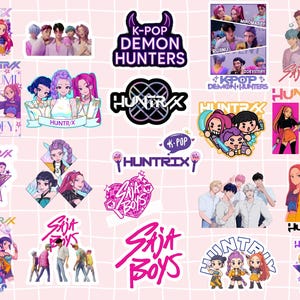 May include: A collection of colorful stickers featuring anime-style illustrations and text. The stickers showcase various characters and the text "HUNTRIX", "SAJA BOYS", and "K-POP DEMON HUNTERS". The background is a light pink grid.