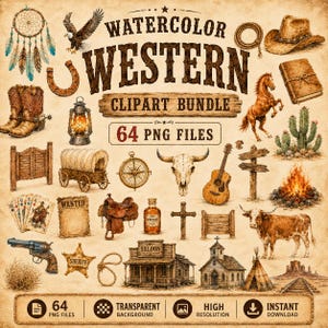 Puede incluir: Una colección digital de 64 elementos de arte prediseñado en acuarela con temática del Oeste, que incluye un atrapasueños, águila, sombrero de vaquero, botas, linterna, caballo, cactus, carreta, cráneo, guitarra, fogata, cartas y un saloon.